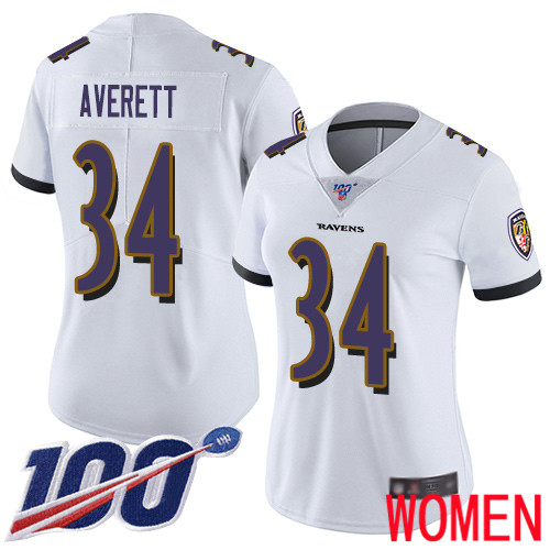 Baltimore Ravens Limited White Women Anthony Averett Road Jersey NFL Football 34 100th Season Vapor Untouchable